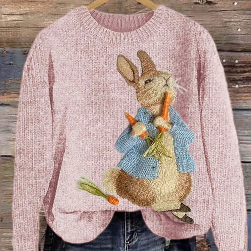 Pink Casual Women's Rabbit Pattern Pullover Long-Sleeved Tops